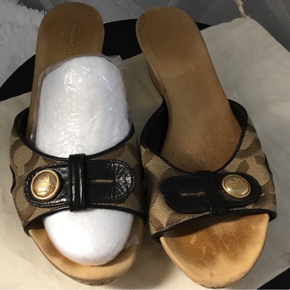 Coach Shoes - Coach Brown Signature Canvas Slide Sandals with Black Trim and Gold Buttons